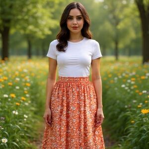 M/L🧡Vero Moda Floral Print Vibrant Orange A-Line Skirt